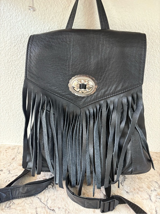 Black Leather Fringe Backpack with Silver Concho main image 5